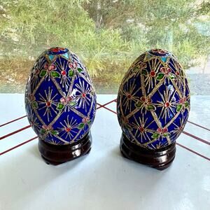Pair of Vintage Cloisonné Enamel Blue and Gold Decorative Eggs with Wood Stands